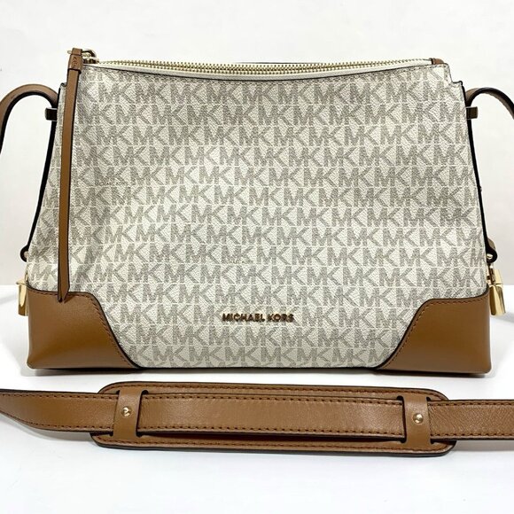 MICHAEL KORS Crosby Medium Signature Logo Print Messenger Bag Vanilla/Acorn EUC - Picture 1 of 16